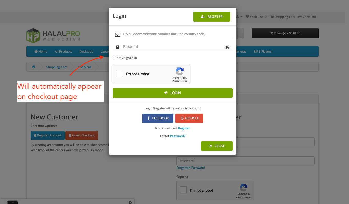 social login register integration with default opencart checkout